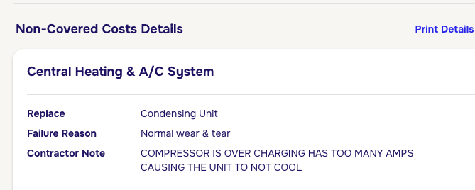 Non-covered costs detail showing Central Heating & A/C System denied for Normal wear & tear