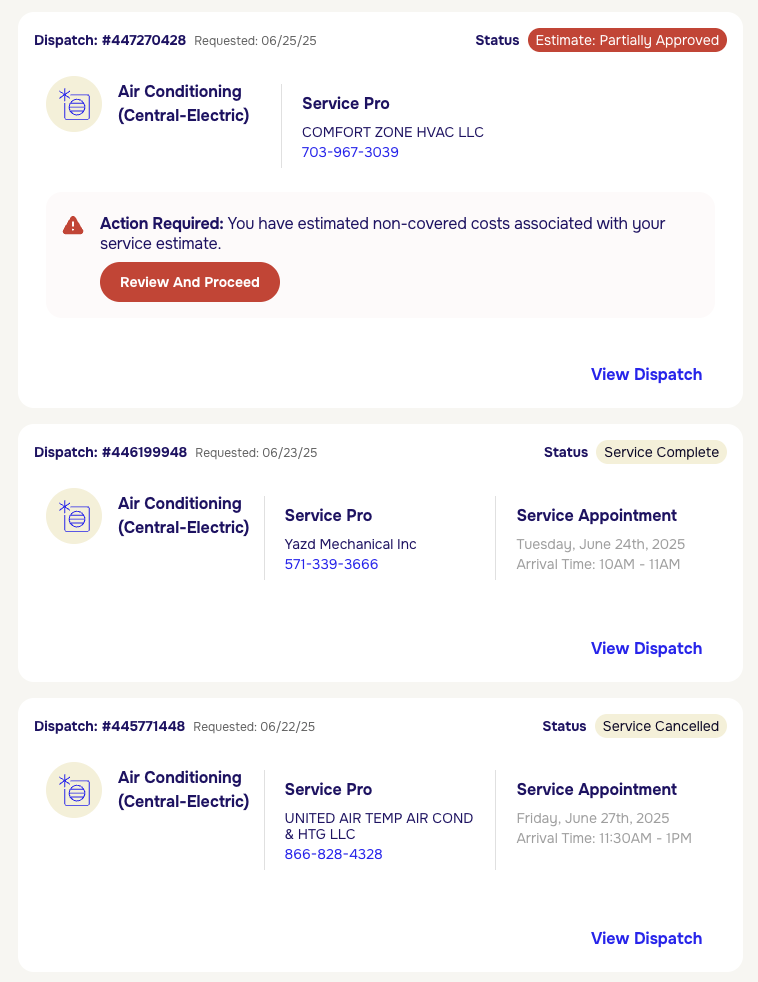 Timeline of three service dispatches showing multiple attempts to resolve the AC issue